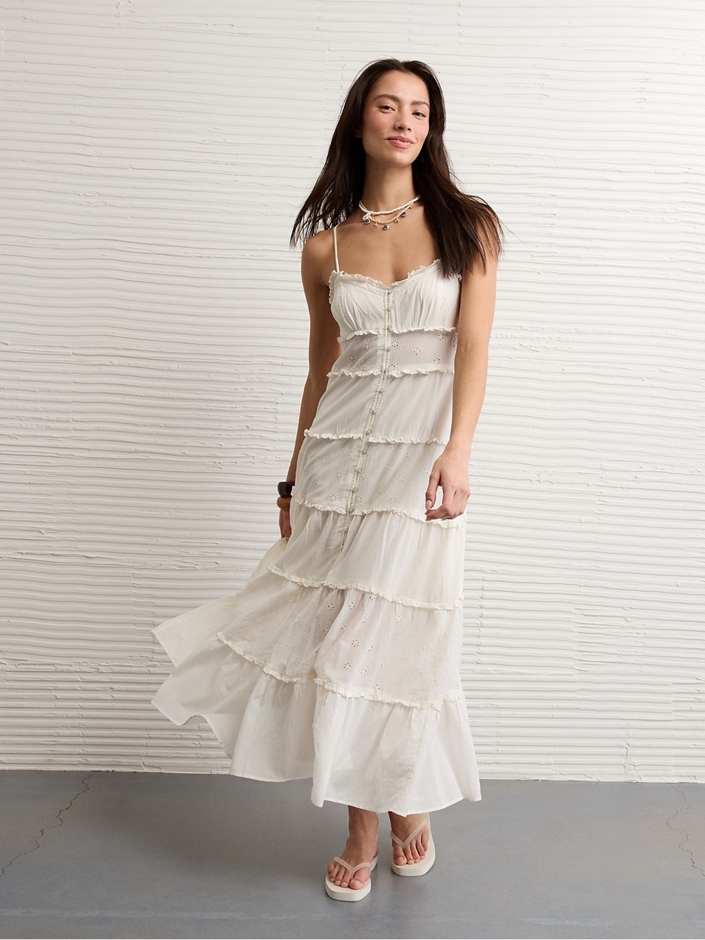 NWT AE Button Up Ruffle Midi Dress in cream